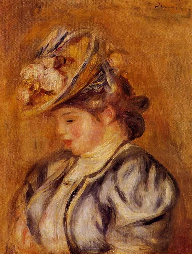 A young woman in a golden hat trimmed with pink and white flowers wears a grey-white blouse against an amber background.