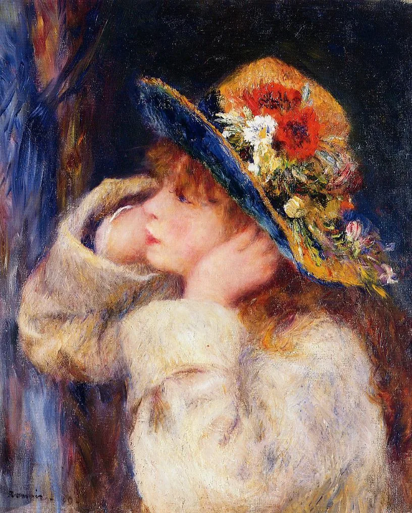 A girl in a navy-brimmed hat decorated with red poppies and white daisies wears a cream dress against a dark background.