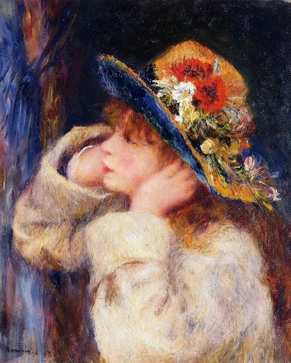 A girl in a navy-brimmed hat decorated with red poppies and white daisies wears a cream dress against a dark background.