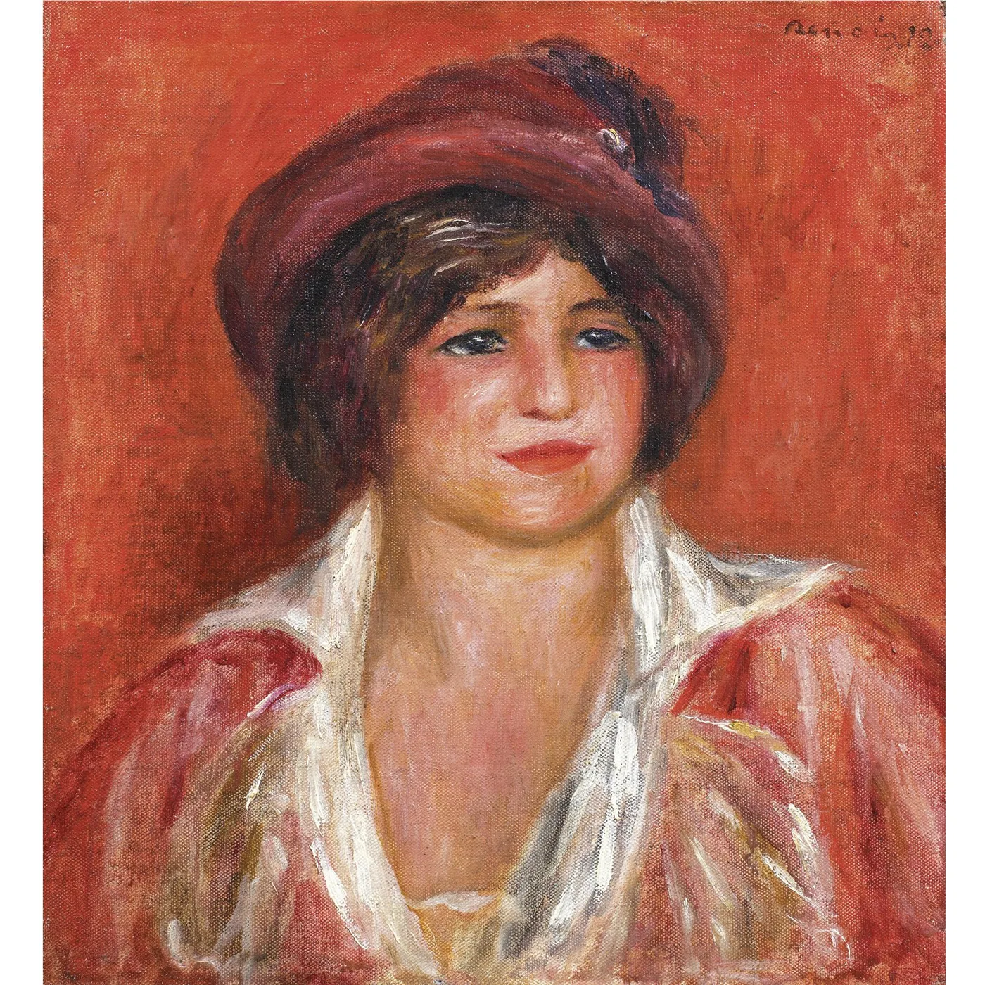 A young woman in a burgundy hat wears a red dress with a white collar against a deep orange-red background.