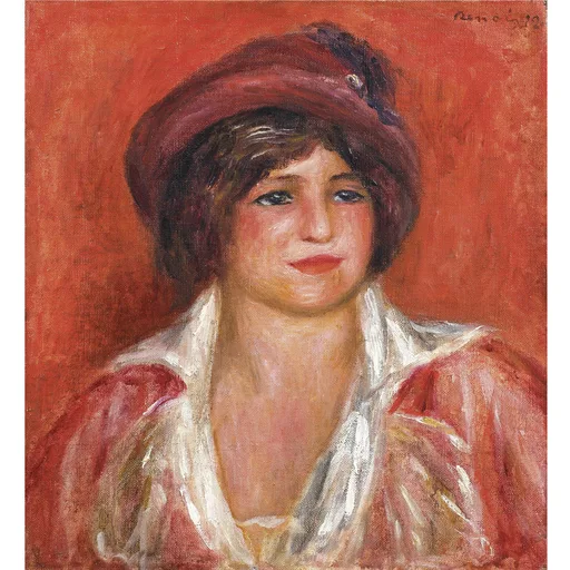 A young woman in a burgundy hat wears a red dress with a white collar against a deep orange-red background.