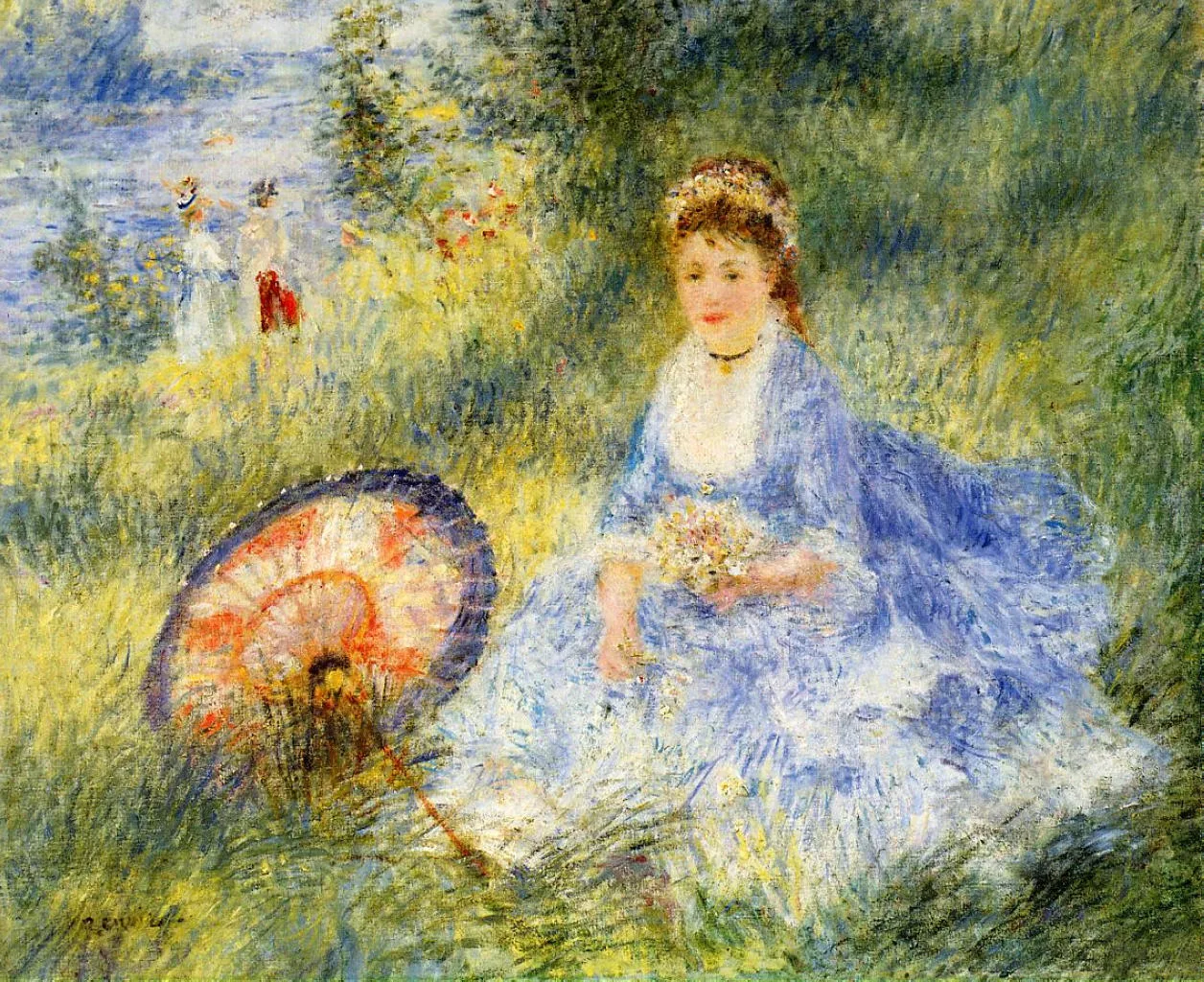 A woman in a blue dress sits in a green meadow holding flowers beside a red and black Japanese parasol.