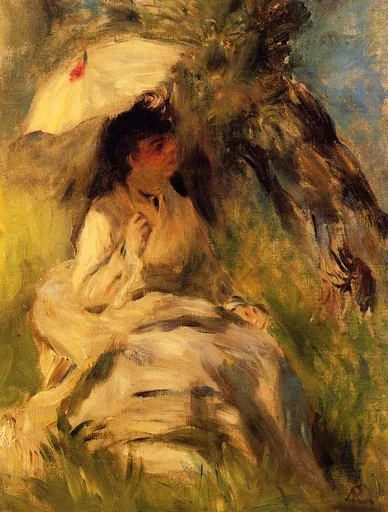 A young woman in a cream dress sits beneath a white parasol amid tall grass, in golden and green hues.