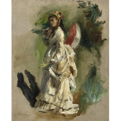 A young woman in a cream dress stands beside a red and white parasol, sketched loosely against green foliage.