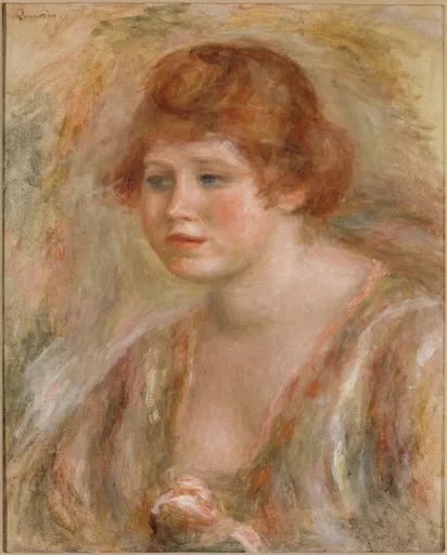 A red-haired woman holds a pale rose in her hands, painted loosely in soft ochre and pink tones.