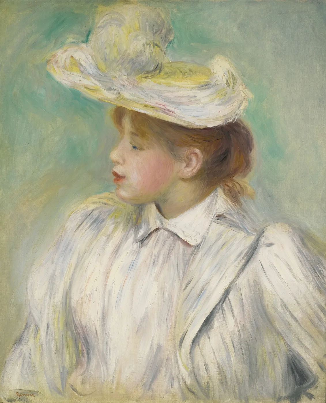 A young woman in profile wears a wide straw hat and white blouse against a soft teal-green background.