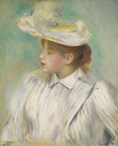 A young woman in profile wears a wide straw hat and white blouse against a soft teal-green background.