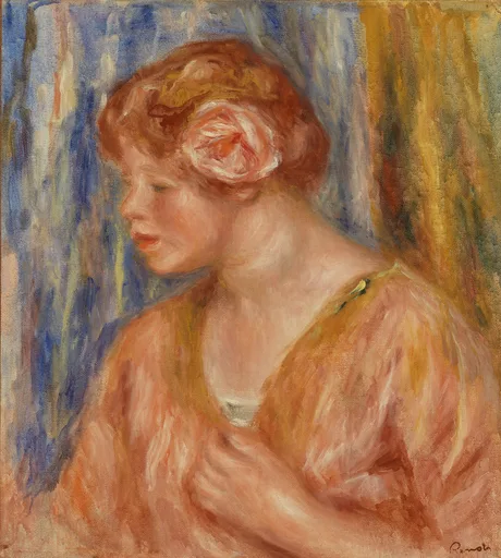 A young woman with a pink rose in her hair looks down and to the side, wearing an orange dress against blue and gold stripes