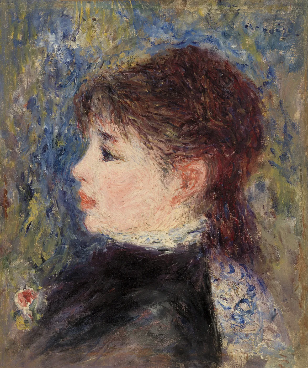 A profile portrait of a young woman with wavy auburn hair and a dark coat, set against a richly textured blue and gold background