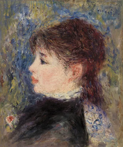 A profile portrait of a young woman with wavy auburn hair and a dark coat, set against a richly textured blue and gold background